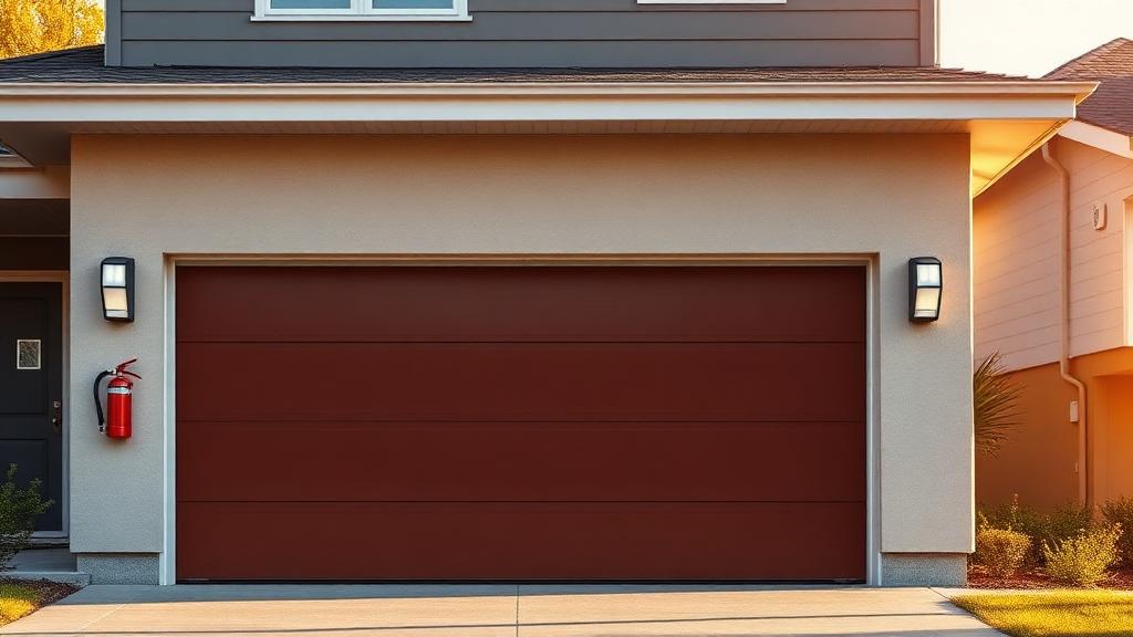 Fire-rated garage door with fire extinguisher mounted on wall for safety