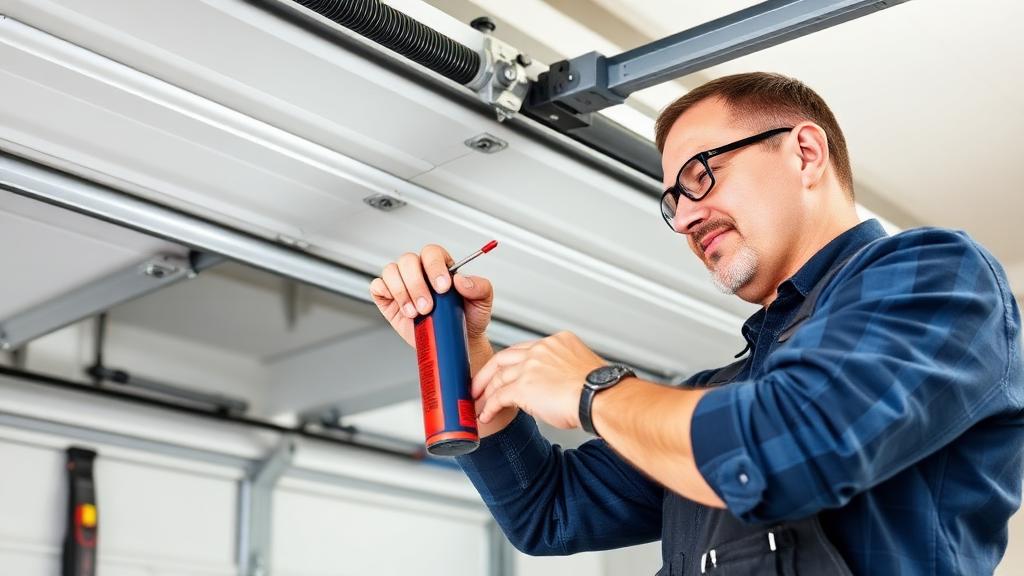 Technician lubricating garage door rollers during maintenance service