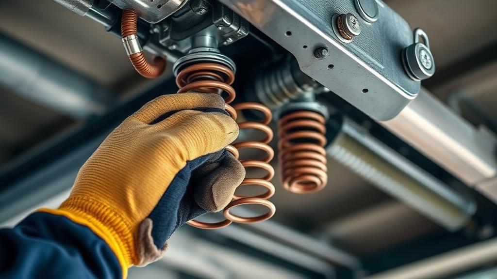 Technician replacing garage door torsion springs with professional equipment