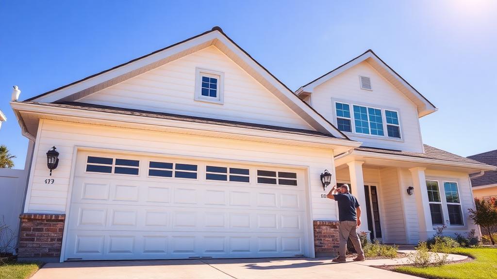 Residential garage door on sunny Texas home with blue sky