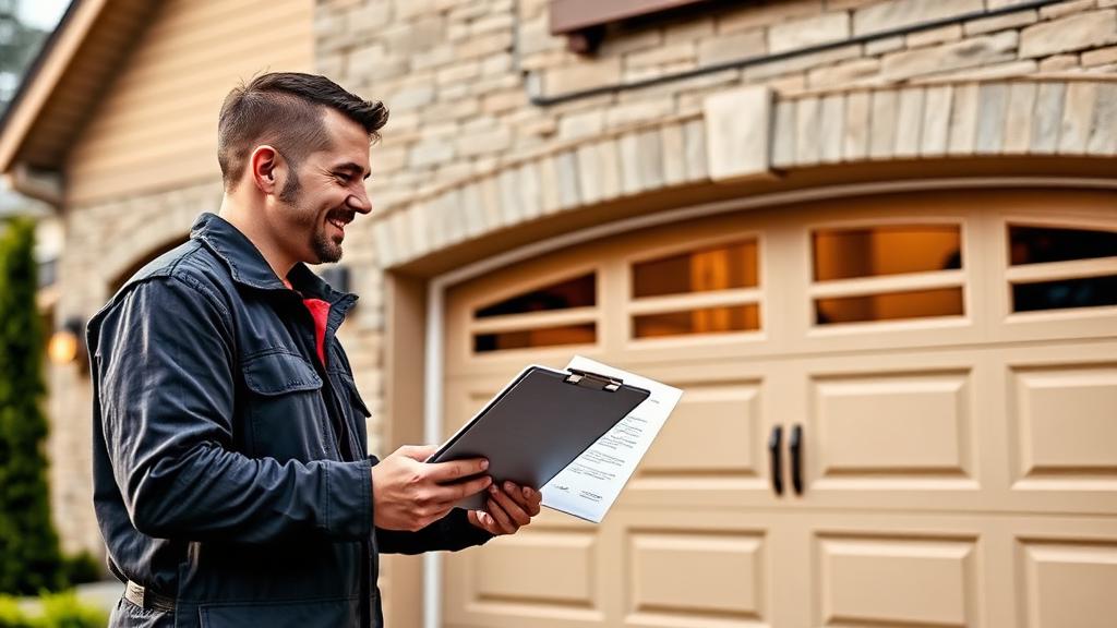 Garage door technician reviewing warranty documents with customer